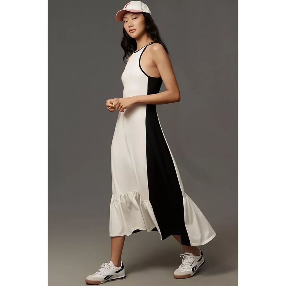 NWT ANTHROPOLOGIE Daily Practice Black White Open Back Midi Dress Medium Petite